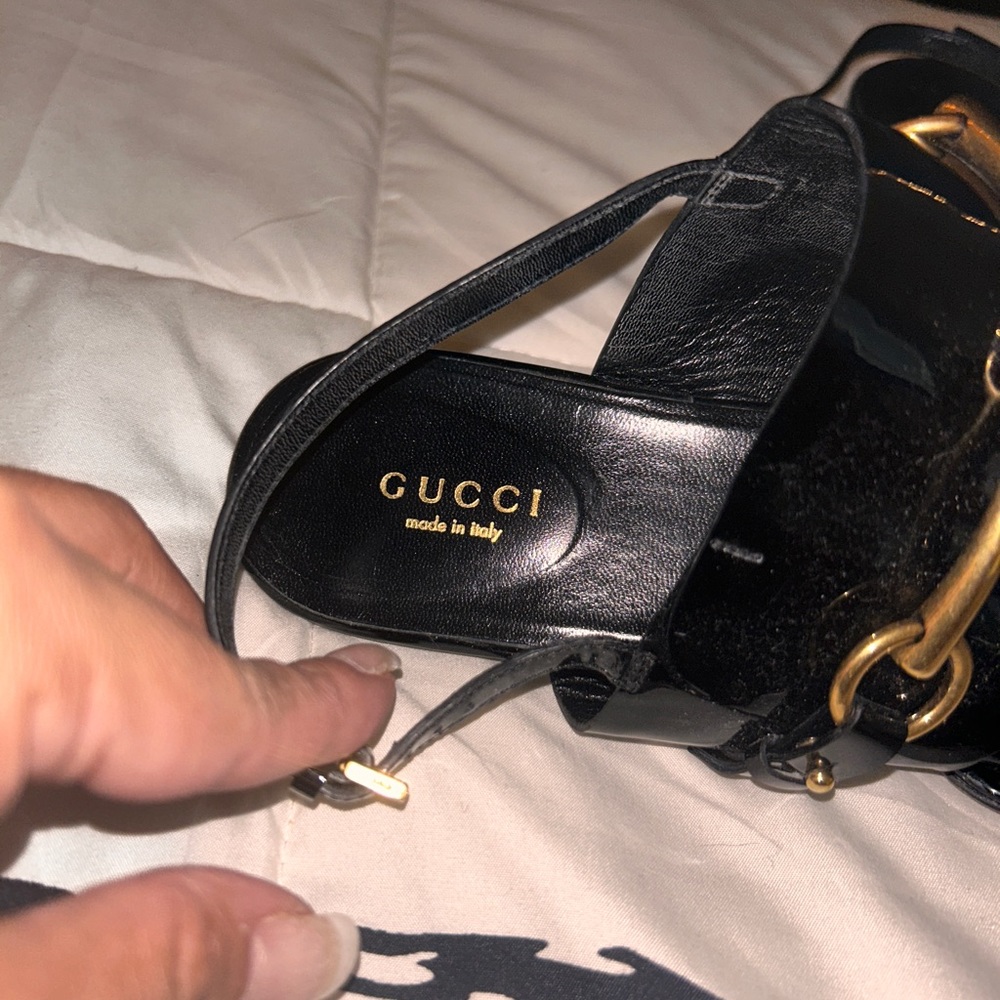 Gucci Black Patent Leather Gold Horsebit Slingback Sandals - Picture 7 of 8